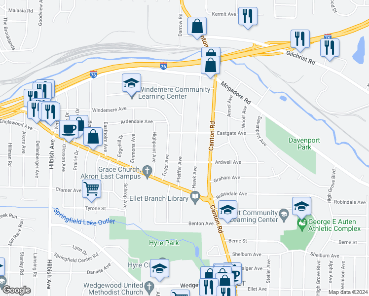 map of restaurants, bars, coffee shops, grocery stores, and more near 154 Pfeiffer Avenue in Akron