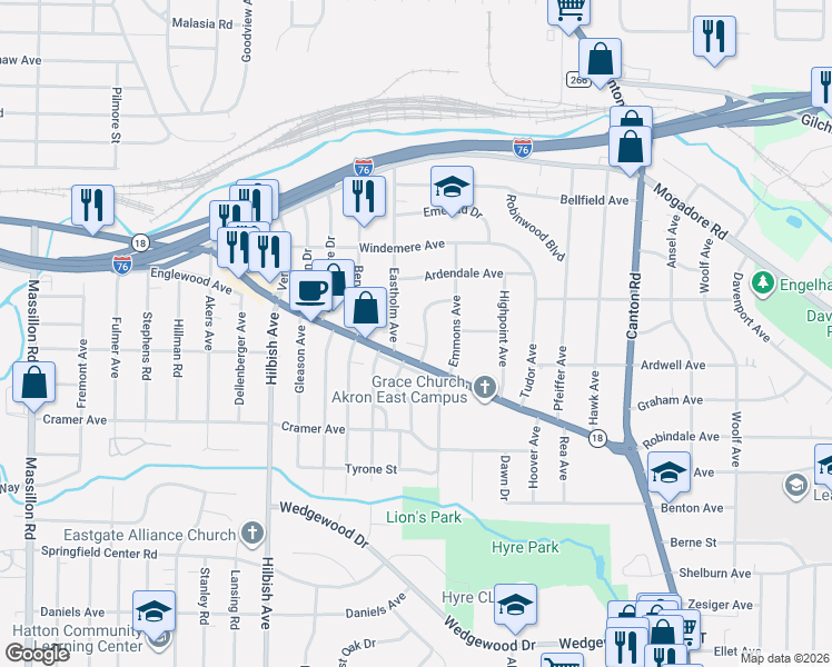 map of restaurants, bars, coffee shops, grocery stores, and more near 155 Eastholm Avenue in Akron