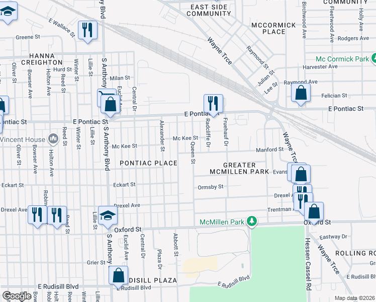 map of restaurants, bars, coffee shops, grocery stores, and more near 2328 Mc Kee Street in Fort Wayne