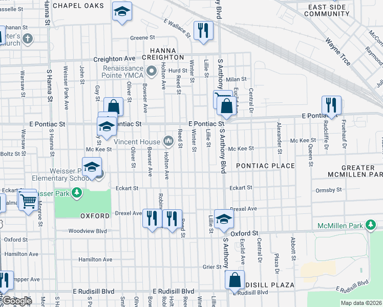 map of restaurants, bars, coffee shops, grocery stores, and more near 2809 Winter Street in Fort Wayne