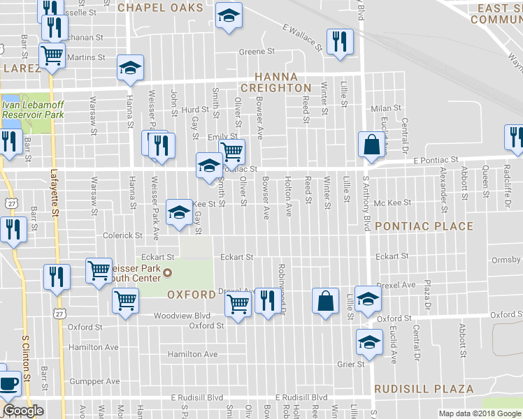 map of restaurants, bars, coffee shops, grocery stores, and more near 2812 Bowser Avenue in Fort Wayne
