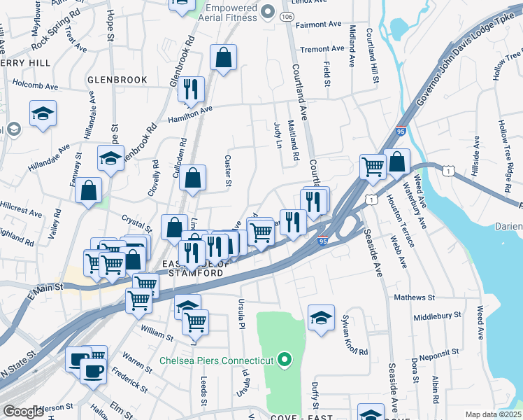 map of restaurants, bars, coffee shops, grocery stores, and more near 151 Seaton Road in Stamford