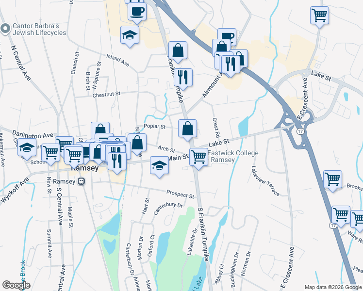 map of restaurants, bars, coffee shops, grocery stores, and more near 45 Franklin Turnpike in Mahwah