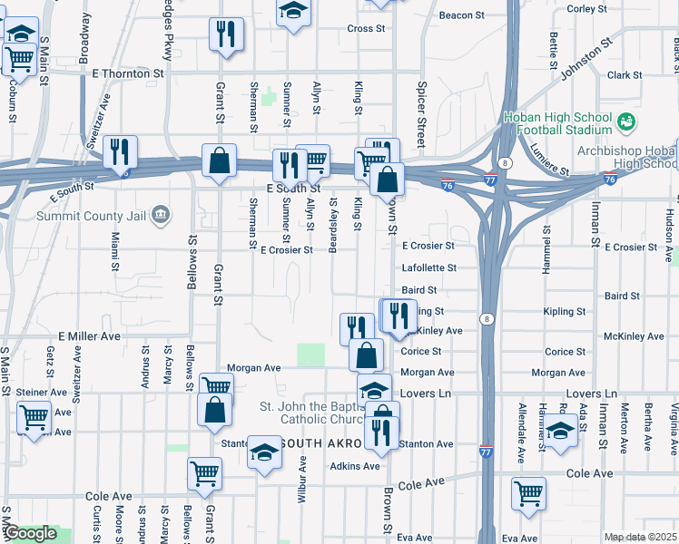map of restaurants, bars, coffee shops, grocery stores, and more near 859 Beardsley Street in Akron