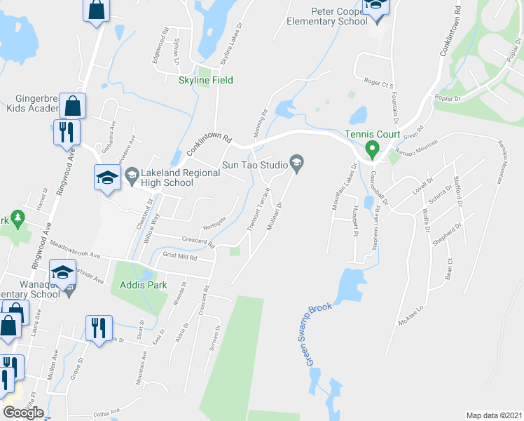 map of restaurants, bars, coffee shops, grocery stores, and more near 47 Tremont Terrace in Wanaque