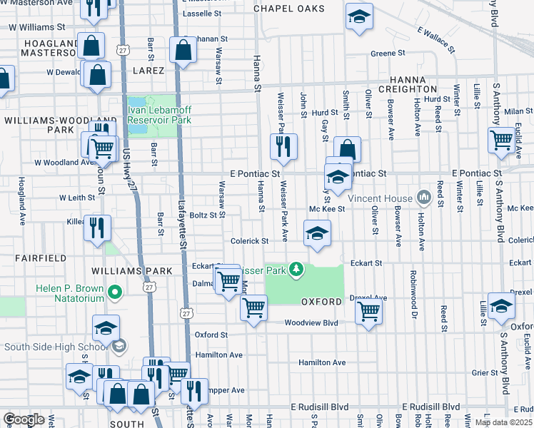 map of restaurants, bars, coffee shops, grocery stores, and more near 2905 South Hanna Street in Fort Wayne