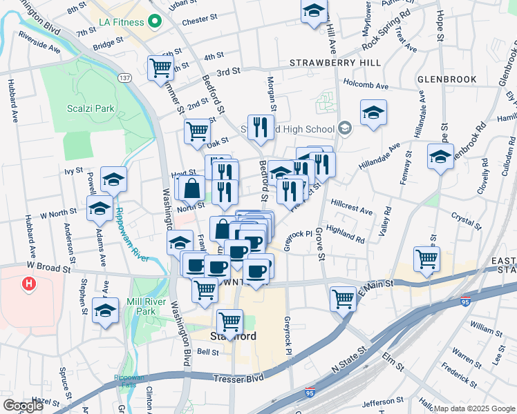 map of restaurants, bars, coffee shops, grocery stores, and more near 500 Bedford Street in Stamford