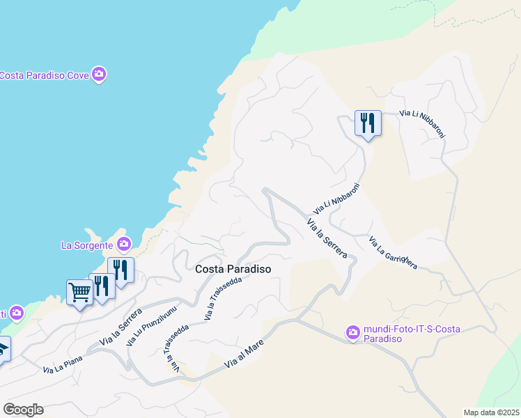map of restaurants, bars, coffee shops, grocery stores, and more near 9 Via Lu Ciuoni in Costa Paradiso