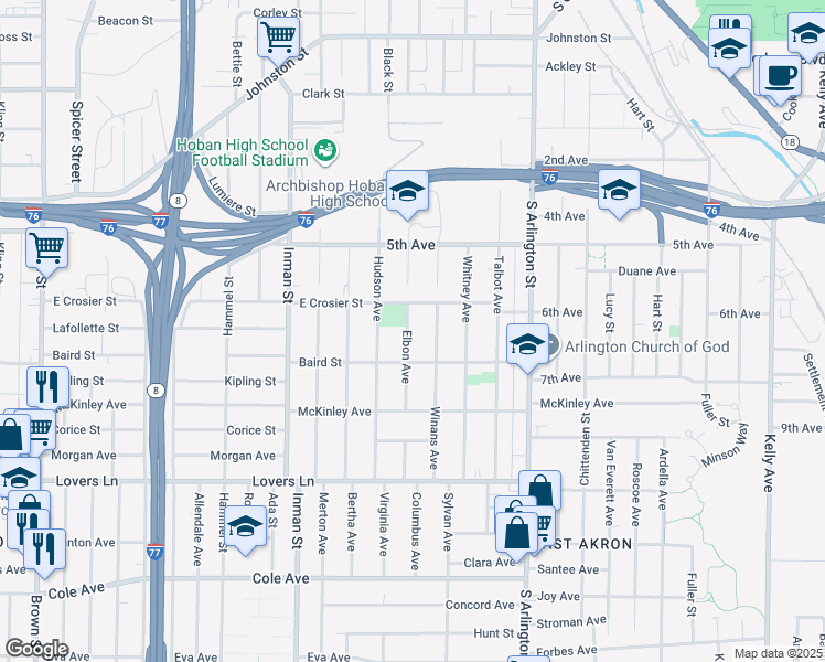 map of restaurants, bars, coffee shops, grocery stores, and more near 569 Elbon Avenue in Akron
