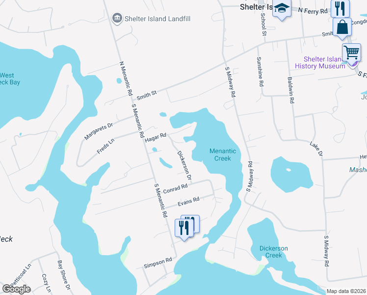 map of restaurants, bars, coffee shops, grocery stores, and more near 4 Hagar Road in Shelter Island