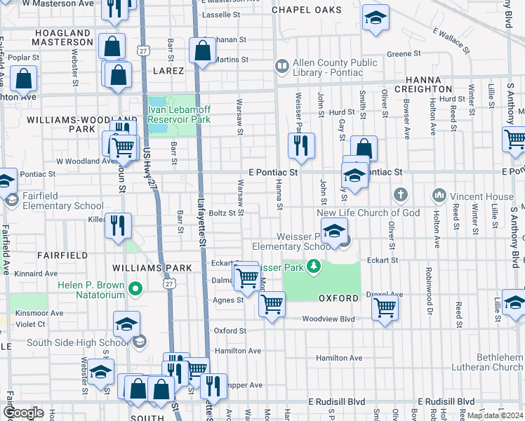 map of restaurants, bars, coffee shops, grocery stores, and more near 2827 Monroe Street in Fort Wayne