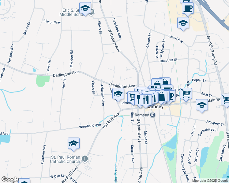 map of restaurants, bars, coffee shops, grocery stores, and more near 79 Cherry Lane in Ramsey