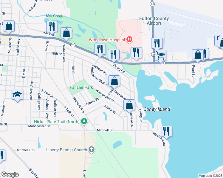 map of restaurants, bars, coffee shops, grocery stores, and more near 1125 Rochester Boulevard in Rochester