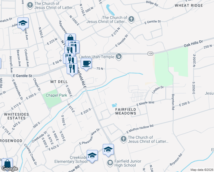 map of restaurants, bars, coffee shops, grocery stores, and more near 1346 North Rosewood Lane in Layton