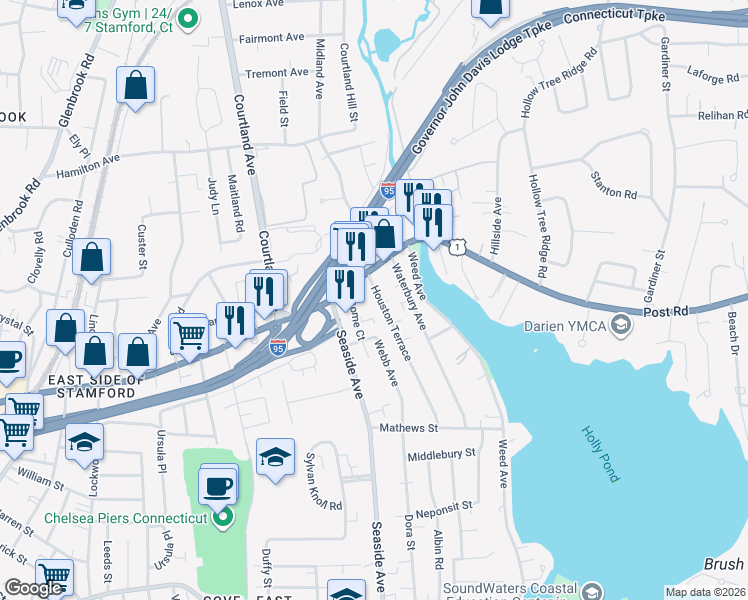 map of restaurants, bars, coffee shops, grocery stores, and more near 16 Houston Terrace in Stamford