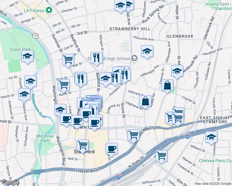 map of restaurants, bars, coffee shops, grocery stores, and more near 123 Prospect Street in Stamford