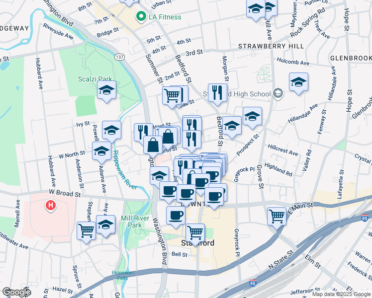 map of restaurants, bars, coffee shops, grocery stores, and more near in Stamford