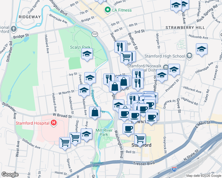 map of restaurants, bars, coffee shops, grocery stores, and more near 1435 Washington Boulevard in Stamford