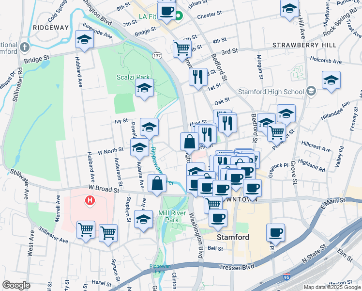 map of restaurants, bars, coffee shops, grocery stores, and more near 1435 Washington Boulevard in Stamford