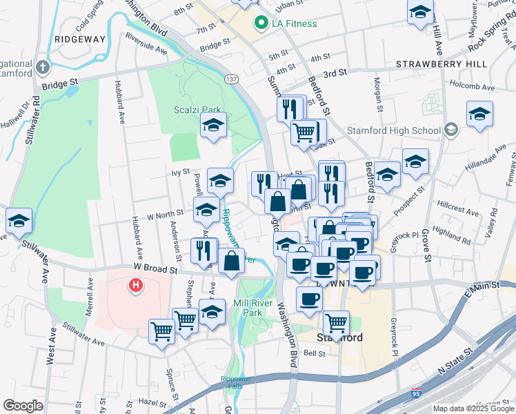 map of restaurants, bars, coffee shops, grocery stores, and more near 20 West Washington Avenue in Stamford