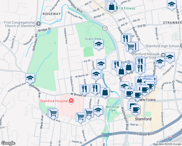 map of restaurants, bars, coffee shops, grocery stores, and more near 18 Powell Place in Stamford