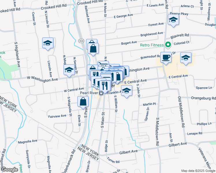 map of restaurants, bars, coffee shops, grocery stores, and more near 5 North William Street in Pearl River