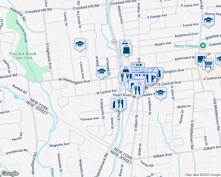 map of restaurants, bars, coffee shops, grocery stores, and more near 20 North Serven Street in Pearl River