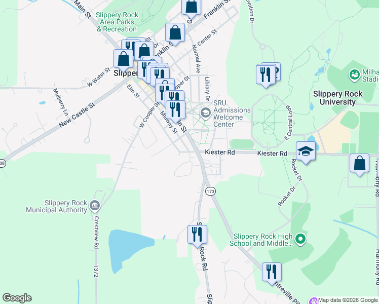 map of restaurants, bars, coffee shops, grocery stores, and more near 522 South Main Street in Slippery Rock