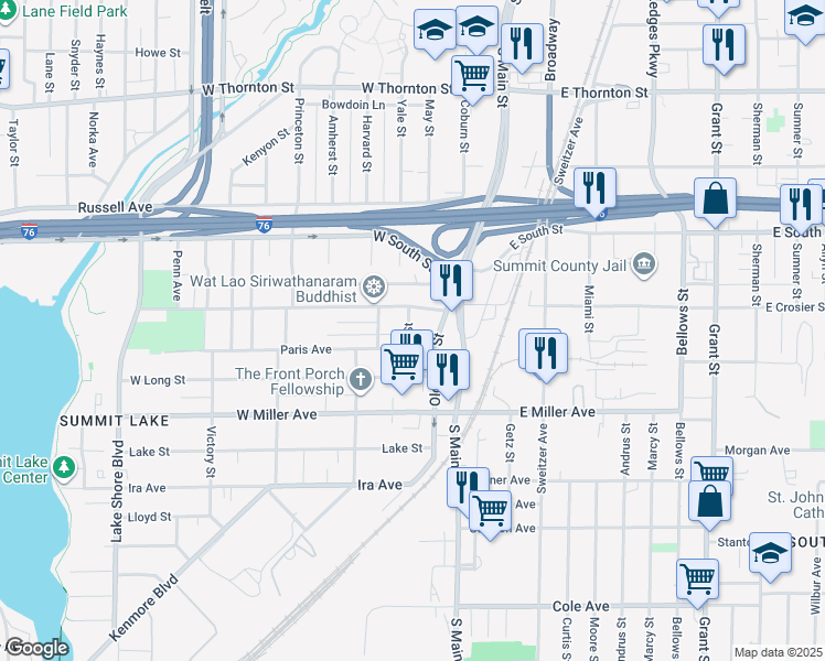 map of restaurants, bars, coffee shops, grocery stores, and more near 22 West Crosier Street in Akron