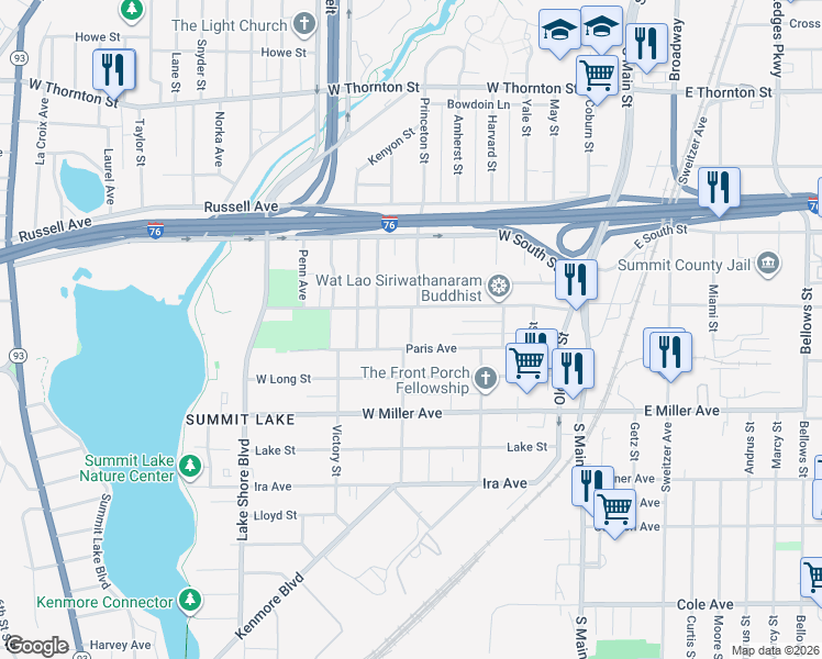 map of restaurants, bars, coffee shops, grocery stores, and more near 196 West Crosier Street in Akron