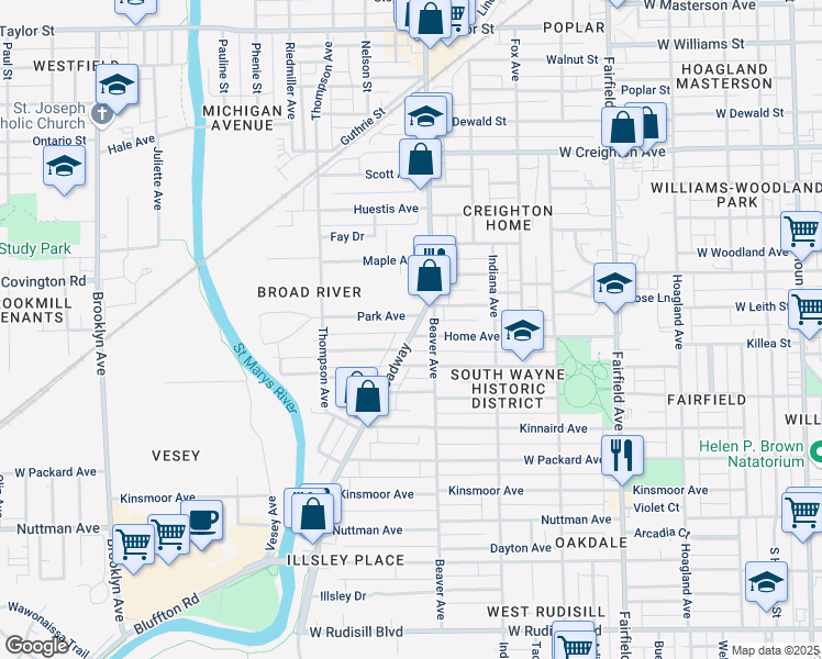 map of restaurants, bars, coffee shops, grocery stores, and more near 1204 Park Avenue in Fort Wayne
