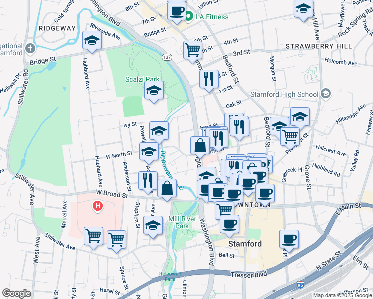 map of restaurants, bars, coffee shops, grocery stores, and more near 20 West Washington Avenue in Stamford