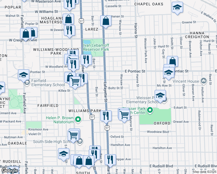 map of restaurants, bars, coffee shops, grocery stores, and more near 411 Boltz Street in Fort Wayne