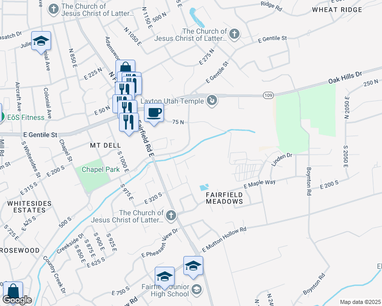 map of restaurants, bars, coffee shops, grocery stores, and more near 1346 North Rosewood Lane in Layton
