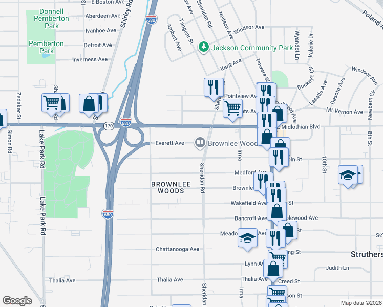 map of restaurants, bars, coffee shops, grocery stores, and more near 1685 Everett Avenue in Youngstown