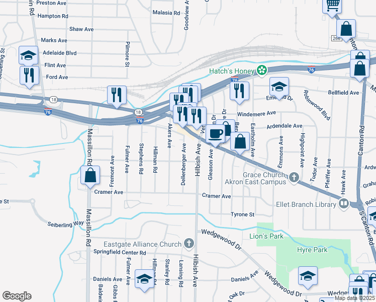 map of restaurants, bars, coffee shops, grocery stores, and more near 2014 East Market Street in Akron