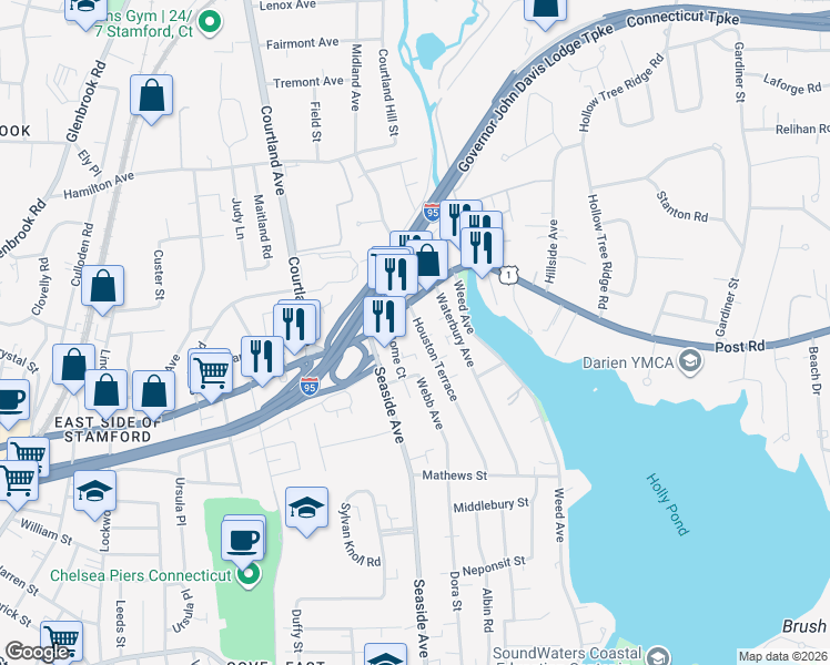 map of restaurants, bars, coffee shops, grocery stores, and more near 16 Houston Terrace in Stamford