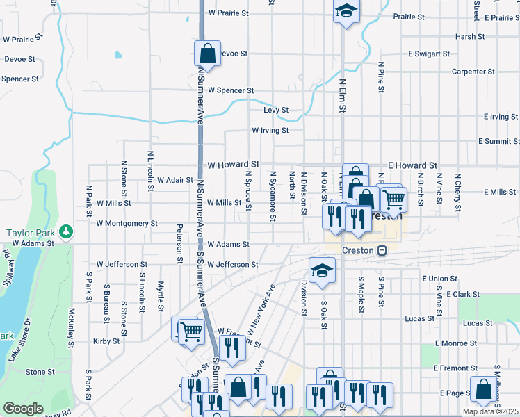 map of restaurants, bars, coffee shops, grocery stores, and more near 301-329 N Spruce St in Creston