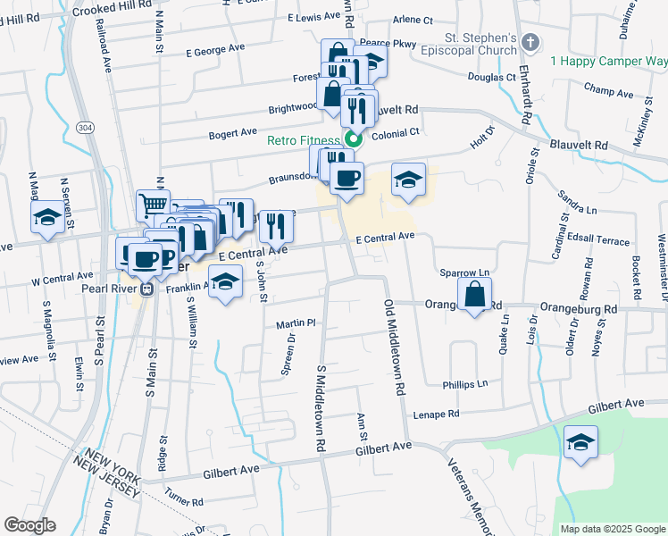 map of restaurants, bars, coffee shops, grocery stores, and more near 18 South Henry Street in Pearl River