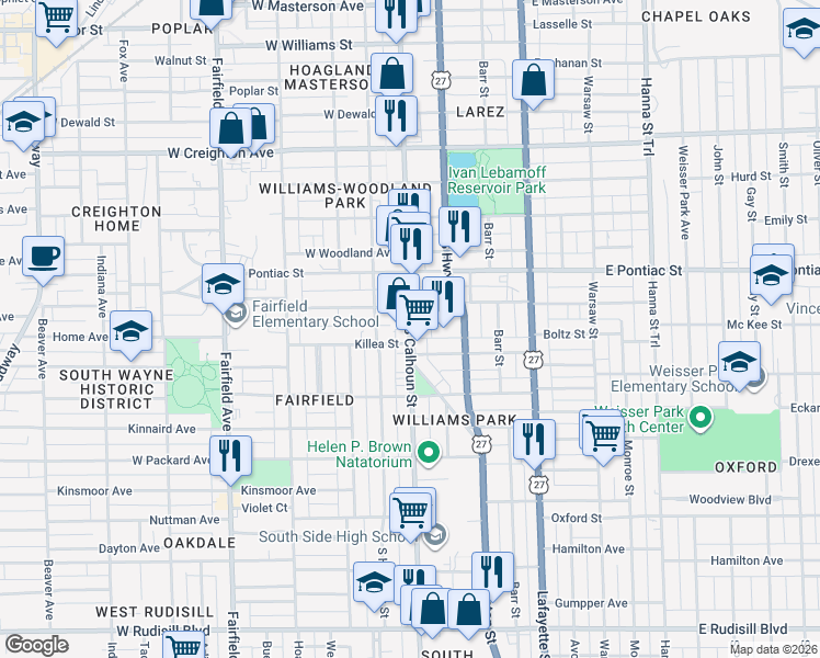 map of restaurants, bars, coffee shops, grocery stores, and more near 2827 South Calhoun Street in Fort Wayne