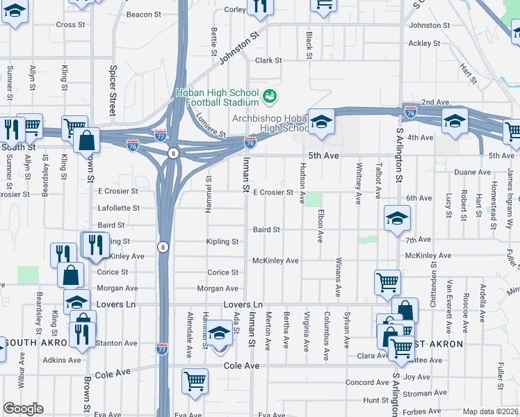 map of restaurants, bars, coffee shops, grocery stores, and more near 824 East Crosier Street in Akron