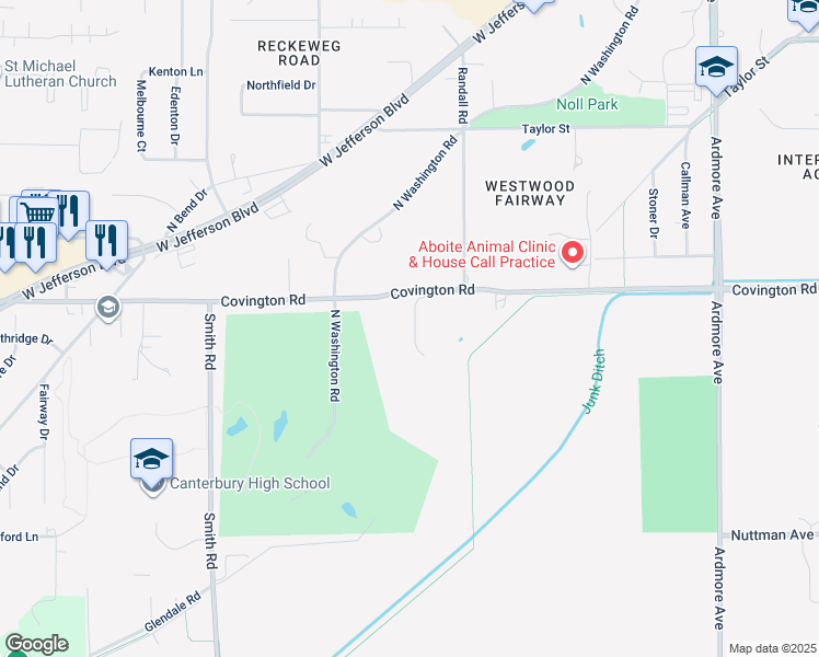 map of restaurants, bars, coffee shops, grocery stores, and more near 4701 Covington Road in Fort Wayne