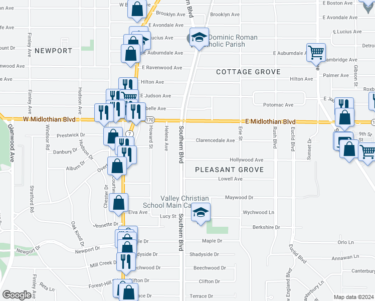 map of restaurants, bars, coffee shops, grocery stores, and more near 4019 Southern Boulevard in Youngstown