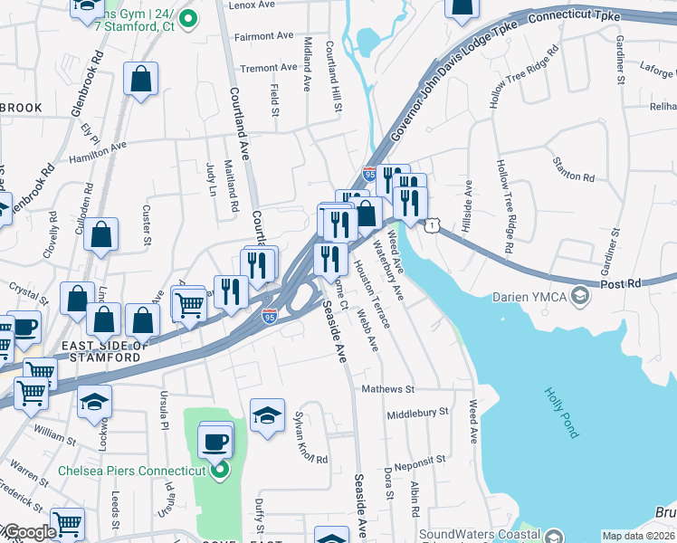 map of restaurants, bars, coffee shops, grocery stores, and more near 24 Home Court in Stamford