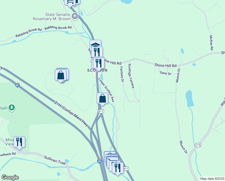 map of restaurants, bars, coffee shops, grocery stores, and more near 192 Lower Scotrun Avenue in Monroe County