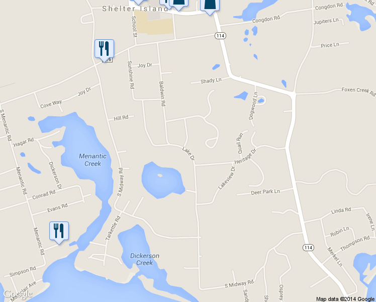 map of restaurants, bars, coffee shops, grocery stores, and more near 21 Lake Drive in Southold