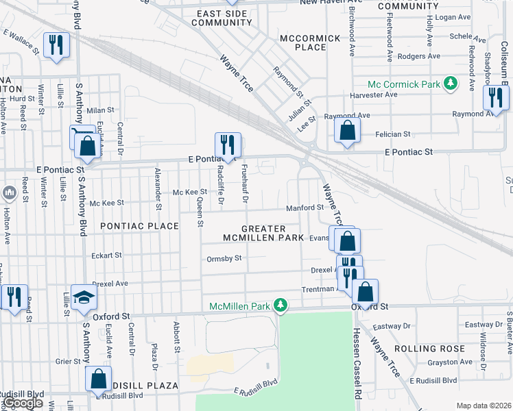 map of restaurants, bars, coffee shops, grocery stores, and more near 2823 Knode Court in Fort Wayne