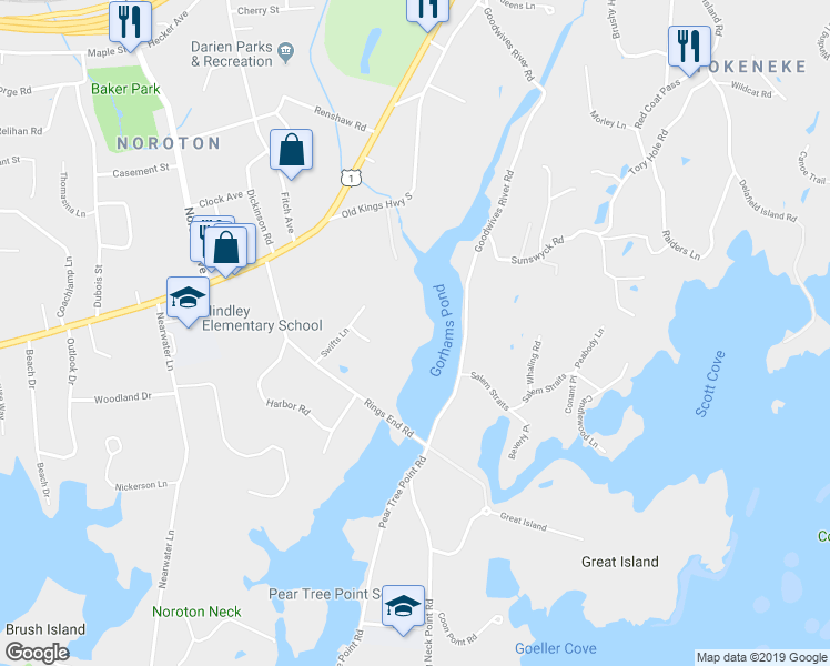 map of restaurants, bars, coffee shops, grocery stores, and more near 40 Swifts Lane in Darien