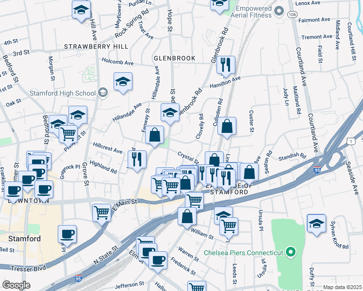 map of restaurants, bars, coffee shops, grocery stores, and more near 22 Clovelly Road in Stamford
