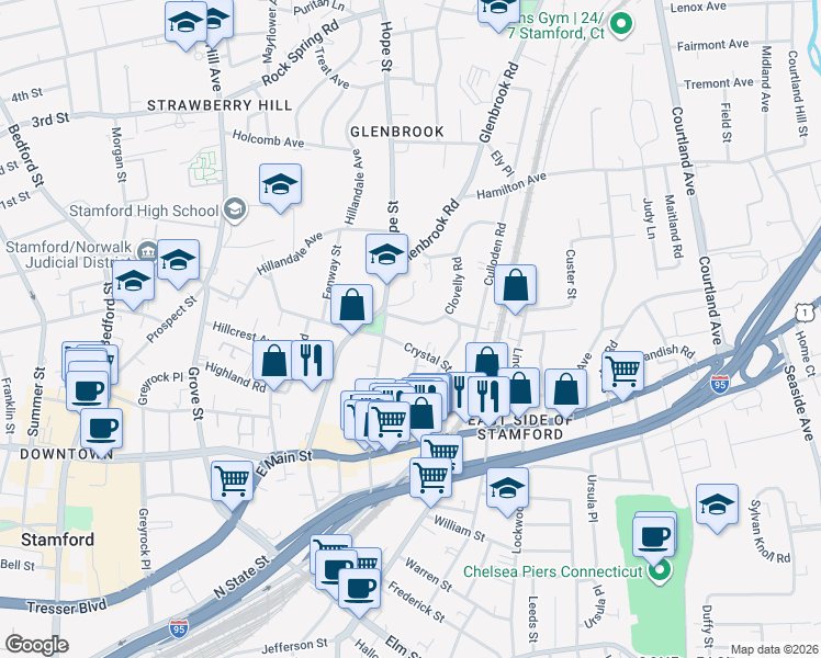 map of restaurants, bars, coffee shops, grocery stores, and more near 22 Clovelly Road in Stamford